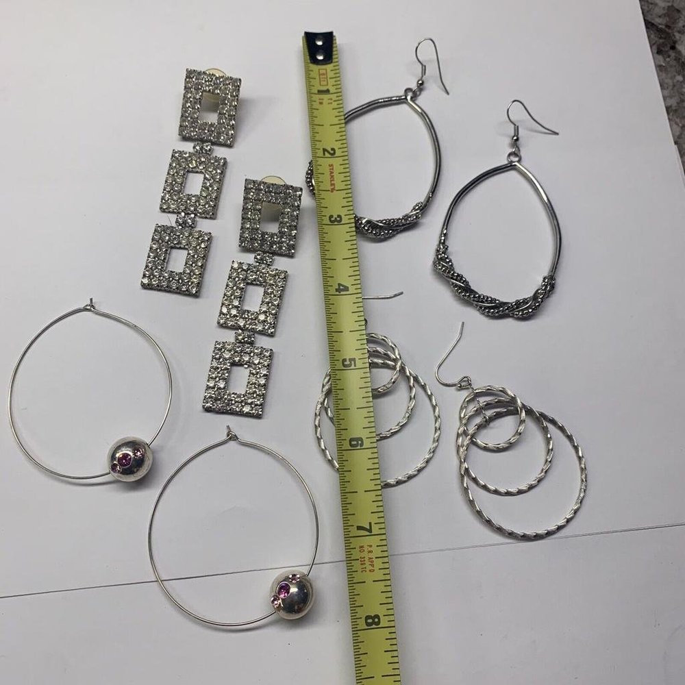 Lot Of 4 Costume Earrings Pierced Long Dangle / Hoop Mix Silver Tone